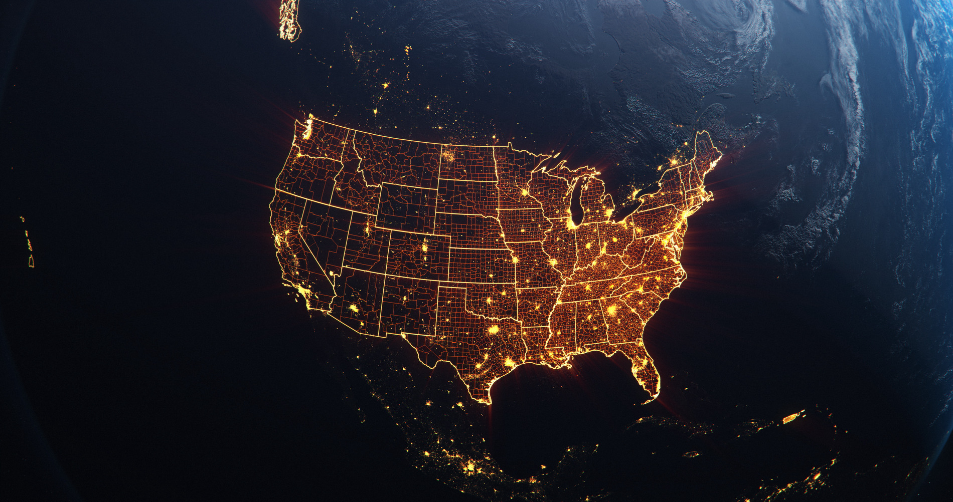 The United States outlined to look lit up with points around the map lit up